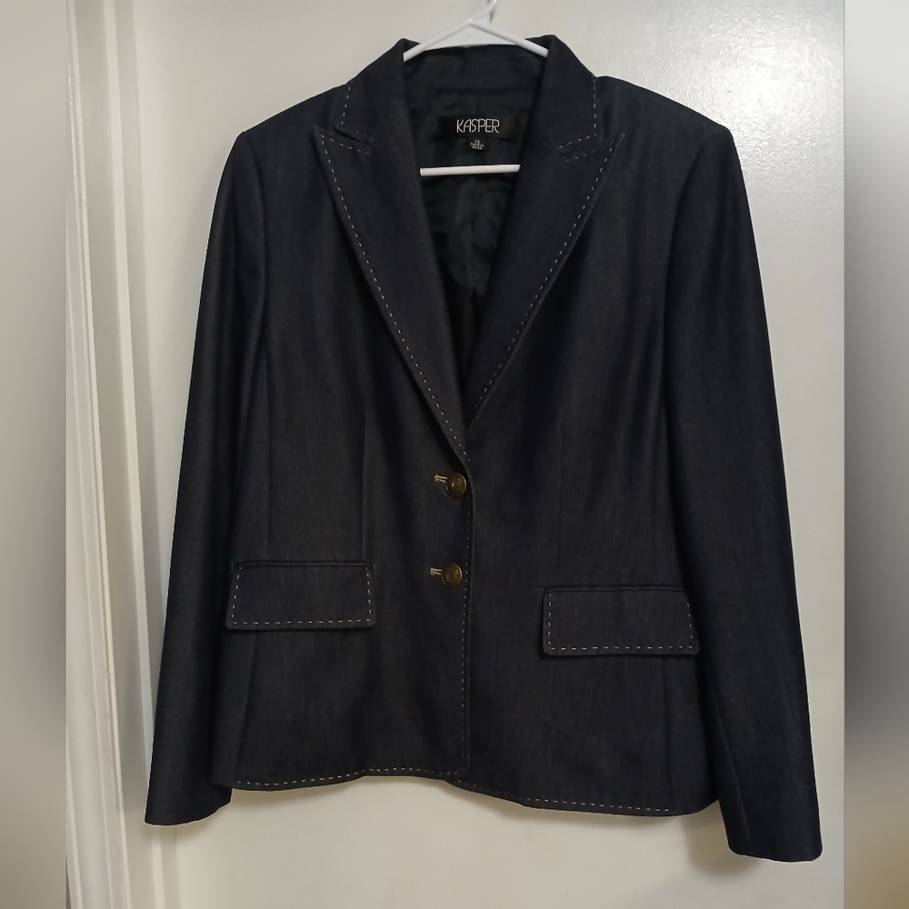 Kasper Womens Blazer Jacket 12 Dark Blue Contrast Stitching